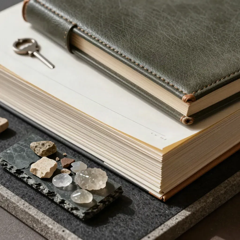Dunkle Analyseunterlagen, Mineralproben und ein Binder auf Stein im dramatischen Licht