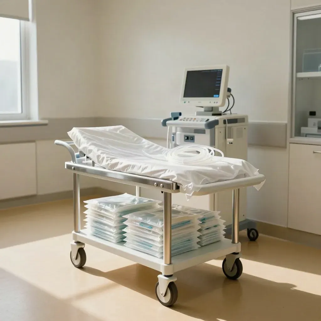 Sterile Klinik-Pilotstation mit weißem Wagen, Packs und sanftem Monitorlicht.
