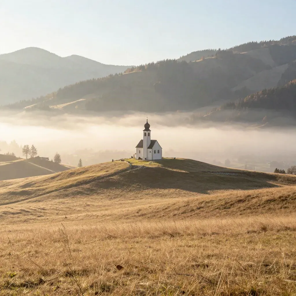 Goldene Morgenstimmung in Bayerns Alpenvorland mit Kirche im Hügel und Nebel im Tal.